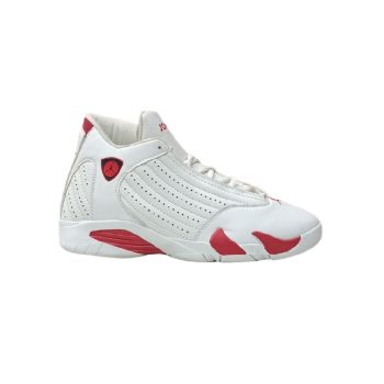 Top Performance Basketball Shoe – Sleek Athletic Design. Description: This high-top basketball shoe features a clean white upper accented with bold red detailing. The design showcases a smooth leather build with perforated side panels for enhanced breathability. A red emblem sits near the ankle area, adding a distinctive athletic touch. The midsole incorporates sculpted red overlays that extend partially into the outsole, emphasizing a dynamic and speedy aesthetic. Its padded tongue and inner lining offer comfort and ankle support, while the sole design provides traction and stability for both indoor and outdoor play. The overall silhouette is streamlined, delivering both performance functionality and a stylish, sporty look ideal for basketball enthusiasts or casual wear.